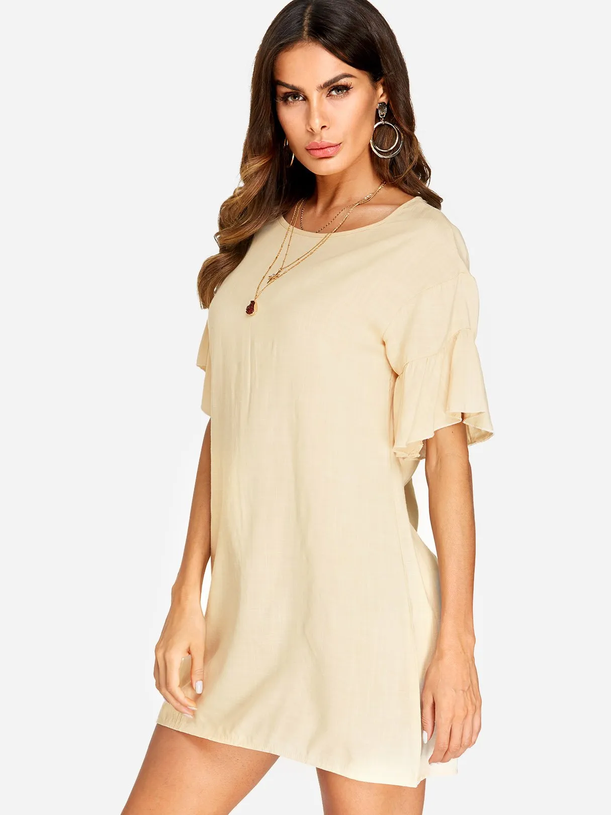 Wholesale Khaki Round Neck Half Sleeve Zip Back Casual Dresses