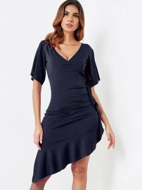 Wholesale Navy V-Neck Short Sleeve Irregular Flounced Hem Casual Dresses