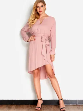 Wholesale Pink Crew Neck Long Sleeve Plain Cut Out Pleated Self-Tie Casual Dress