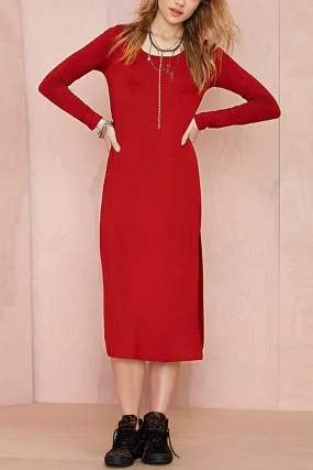 Wholesale Red Scoop Neck Long Sleeve Casual Dress