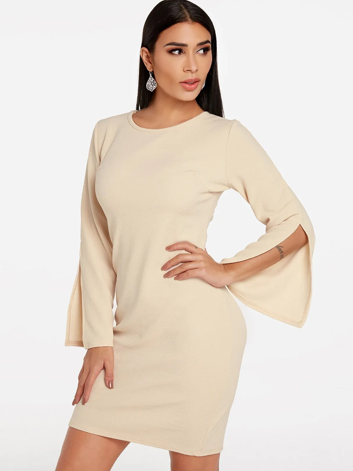 Wholesale Round Neck Long Sleeve Plain Slit Apricot Casual Dresses