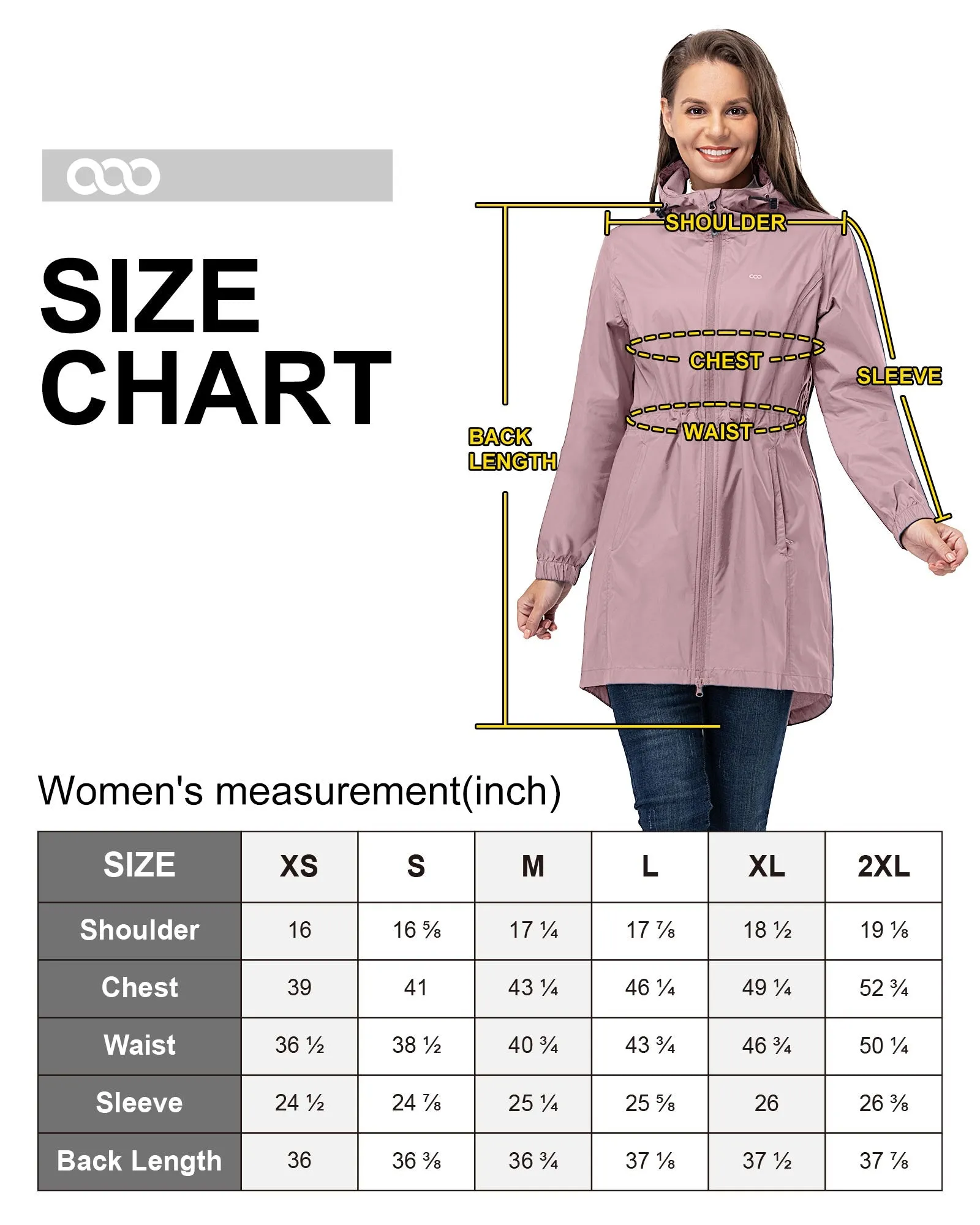 Women's Packable Long Rain Jacket with 2 Pockets: 0.55 lbs 3000mm W/P Index 2000 Level Breathable