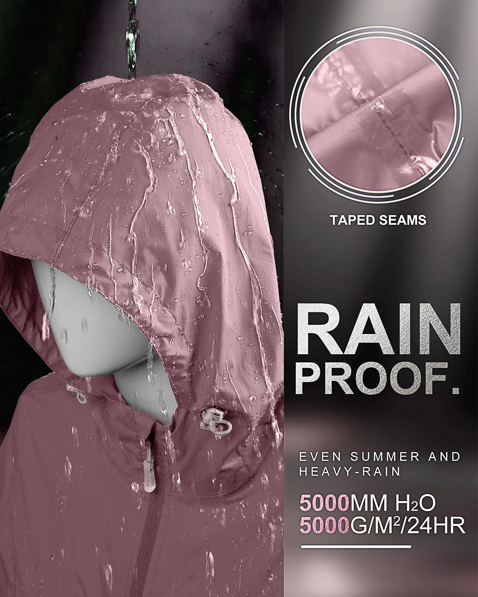 Women's Packable Long Rain Jacket with 2 Pockets: 0.55 lbs 3000mm W/P Index 2000 Level Breathable