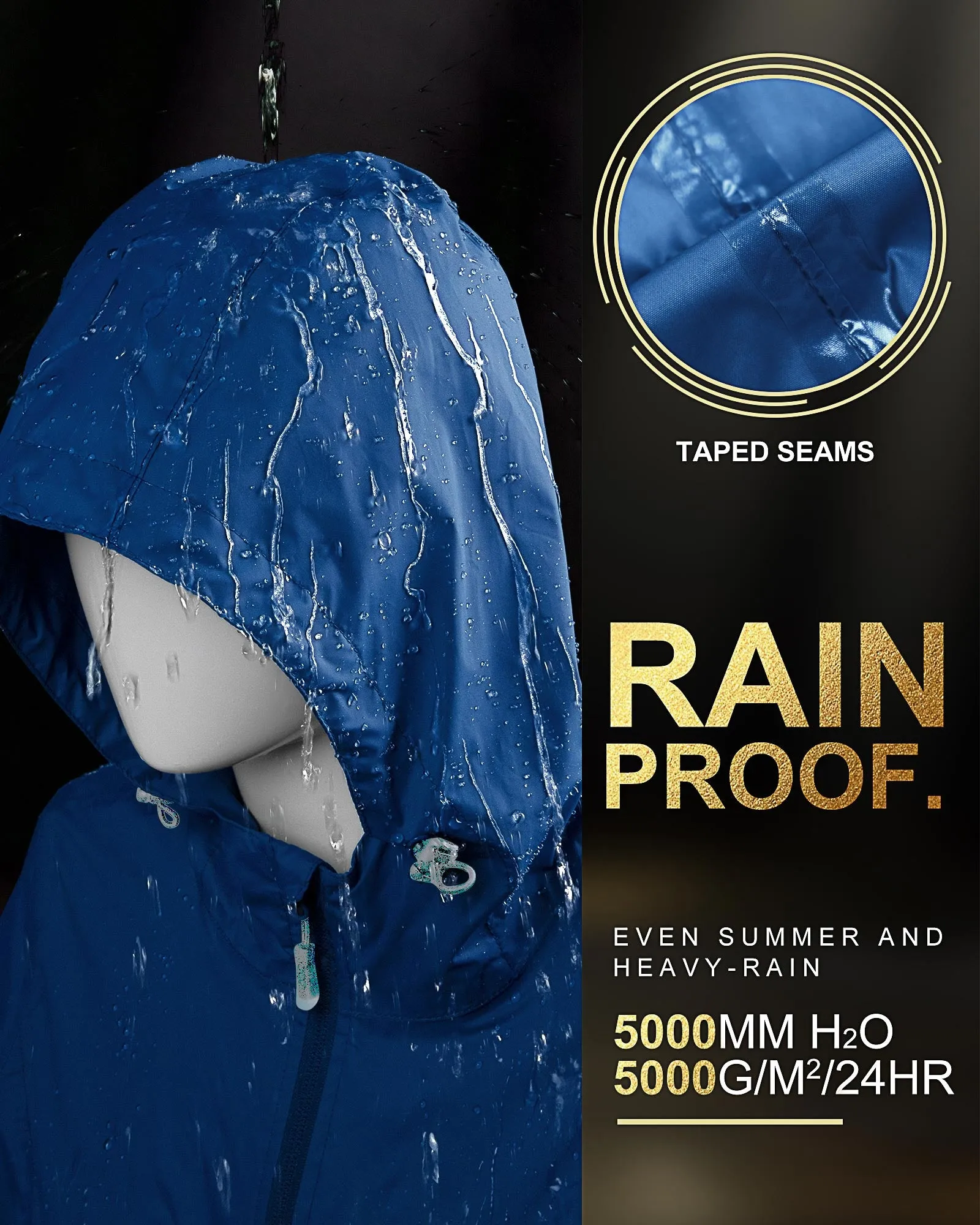 Women's Packable Long Rain Jacket with 2 Pockets: 0.55 lbs 3000mm W/P Index 2000 Level Breathable