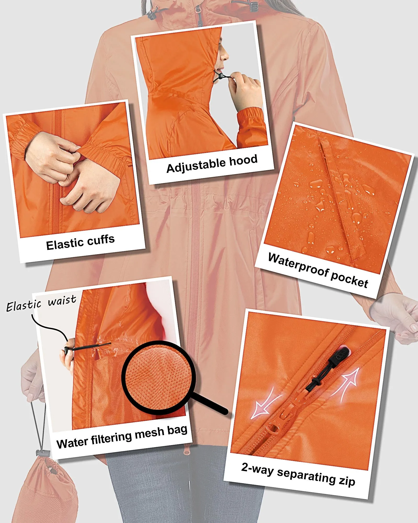 Women's Packable Long Rain Jacket with 2 Pockets: 0.55 lbs 3000mm W/P Index 2000 Level Breathable