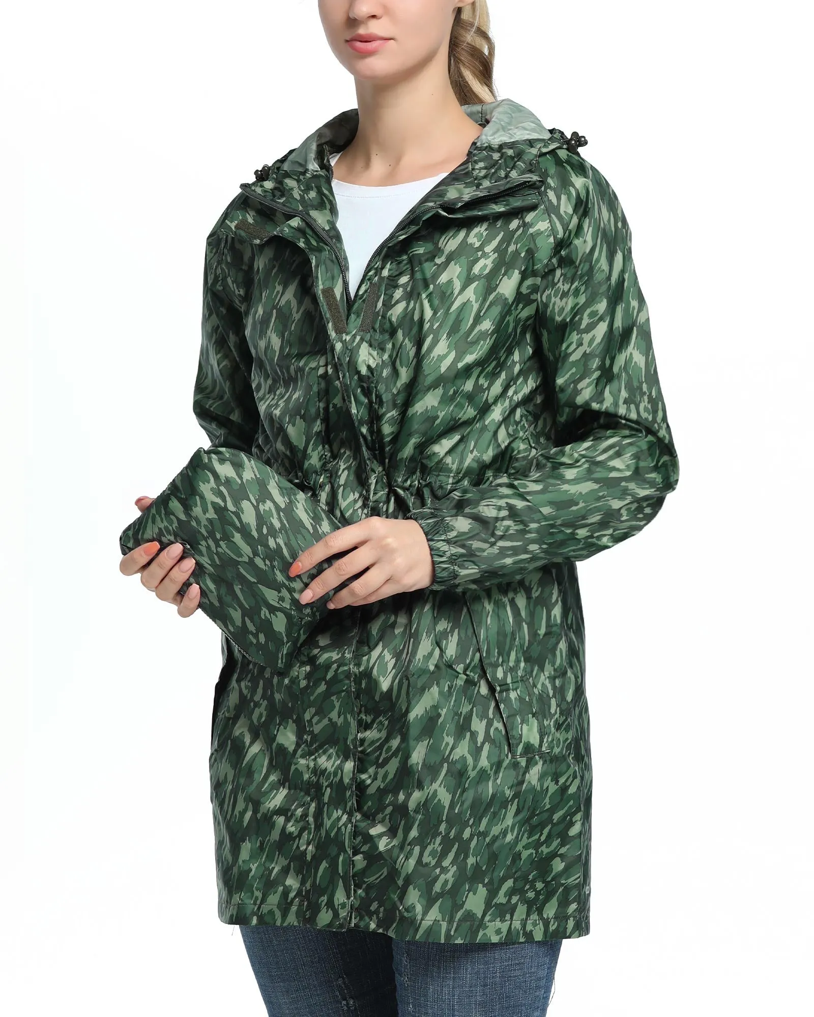 Women's Packable Long Rain Jacket with 2 Pockets: 0.55 lbs 3000mm W/P Index 2000 Level Breathable