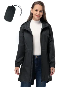 Women's Packable Long Rain Jacket with 2 Pockets: 0.55 lbs 3000mm W/P Index 2000 Level Breathable