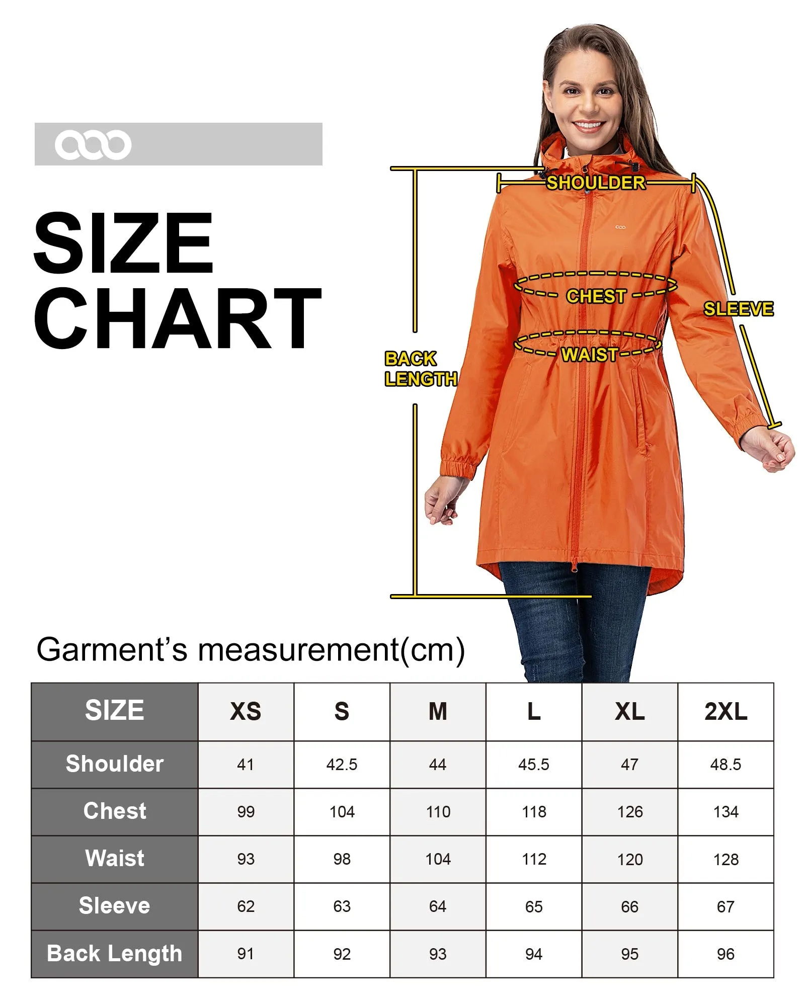 Women's Packable Long Rain Jacket with 2 Pockets: 0.55 lbs 3000mm W/P Index 2000 Level Breathable