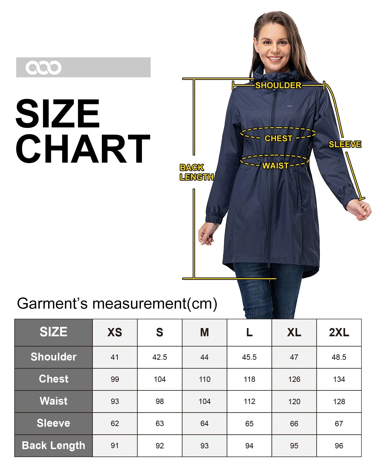 Women's Packable Long Rain Jacket with 2 Pockets: 0.55 lbs 3000mm W/P Index 2000 Level Breathable