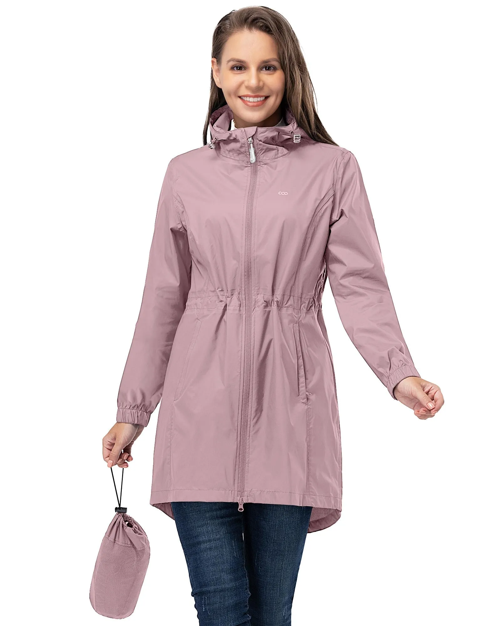 Women's Packable Long Rain Jacket with 2 Pockets: 0.55 lbs 3000mm W/P Index 2000 Level Breathable