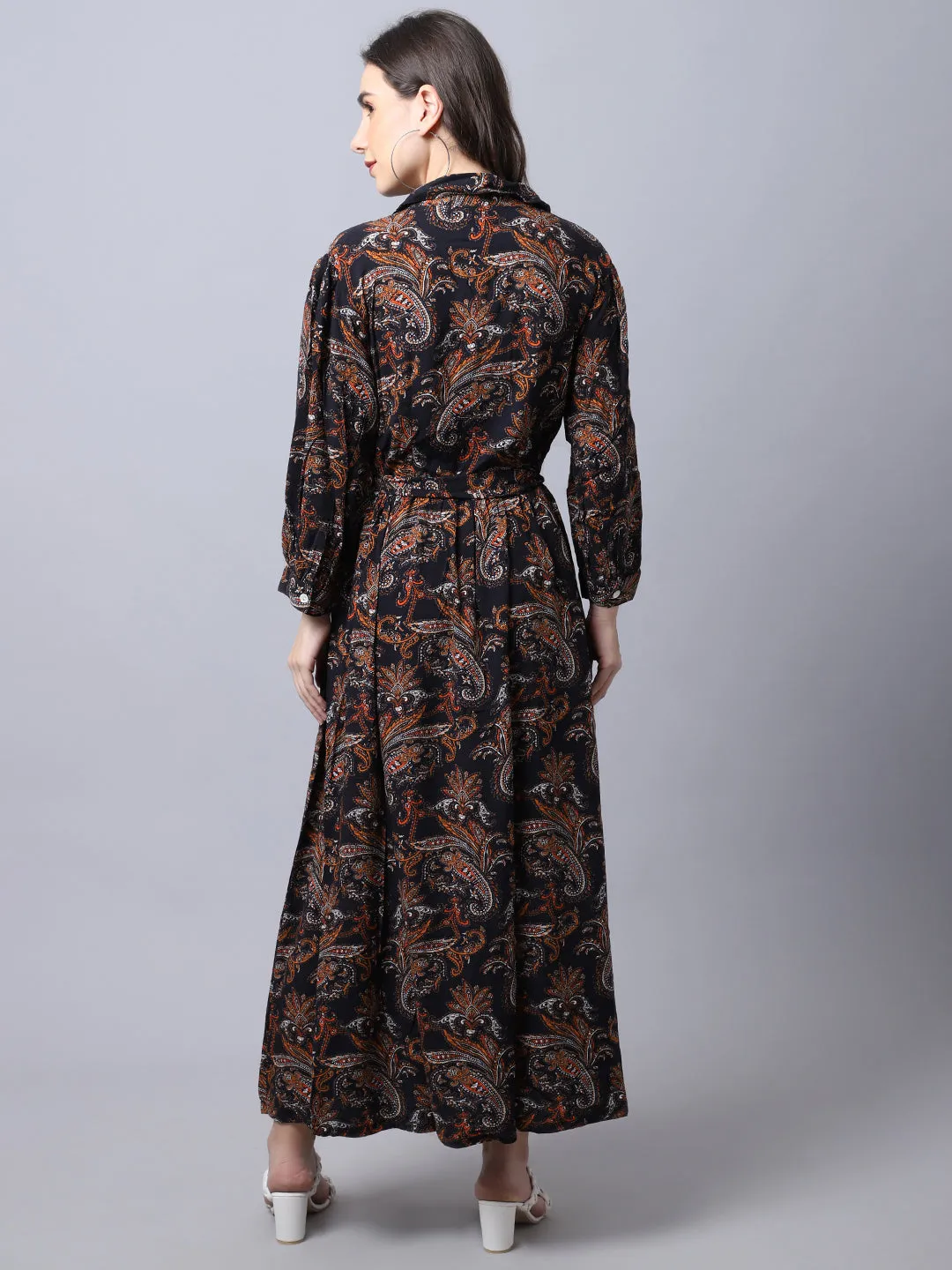 Women's  Spread Collar Black Paisley Print Maxi Dress