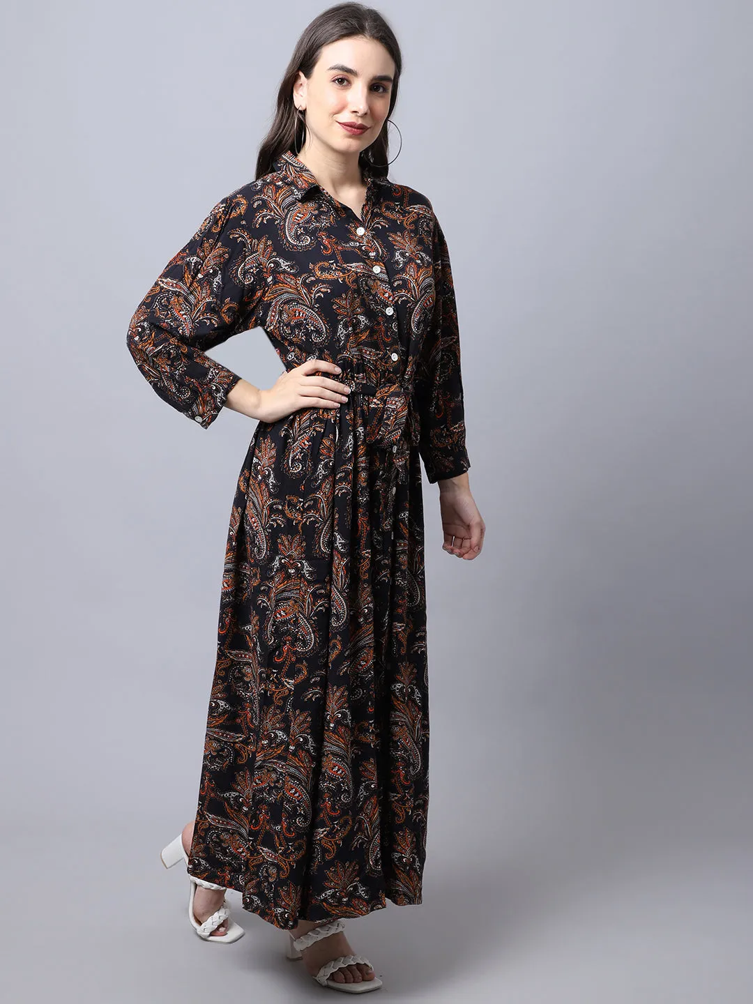 Women's  Spread Collar Black Paisley Print Maxi Dress