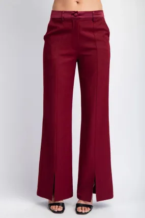 Woven Tailored Pants with Satin Contrast Insert Burgundy